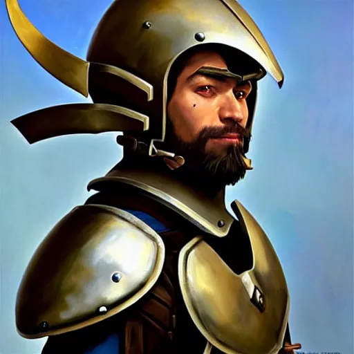 Image similar to Greg Manchess portrait painting of medieval warrior in plate armor as Overwatch character, wacky, medium shot, asymmetrical, profile picture, Organic Painting, sunny day, Matte Painting, bold shapes, hard edges, street art, trending on artstation, by Huang Guangjian and Gil Elvgren and Sachin Teng