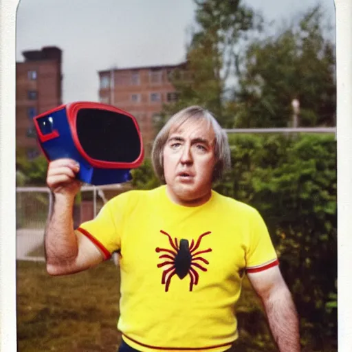 Image similar to 1970s colour polaroid of jimmy tarbuck as spider man without a mask on a british council estate