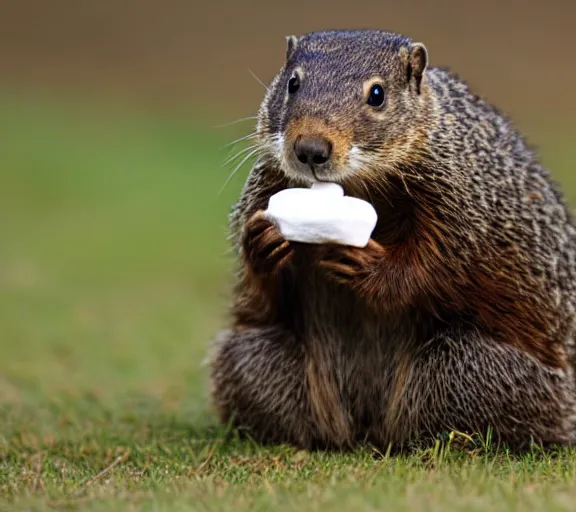 Image similar to a groundhog eating a marshmallows