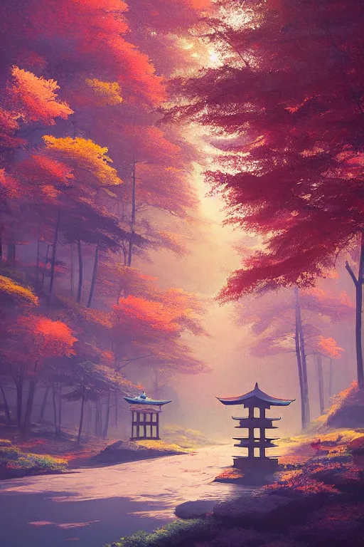 Prompt: traditional Japanese Torii in a colorful moutain with trees ,morning , by Grzegorz Rutkowski, concept art