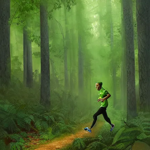 Image similar to a guy in acid-green athletic sneakers runs through a forest with tall trees, art by Marc Simonetti,