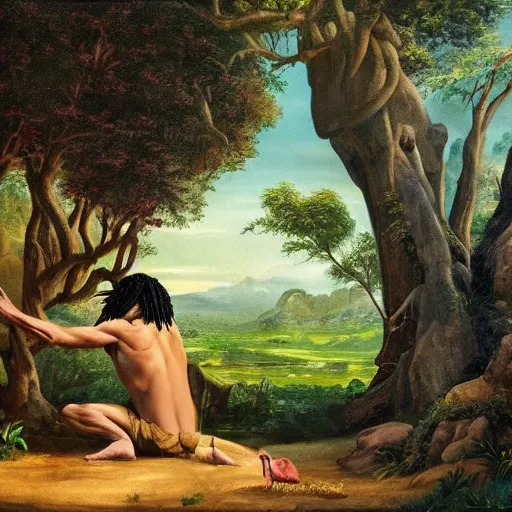 Image similar to chief keef in the garden of eden, landscape painting, beautiful, cinematic, wide shot