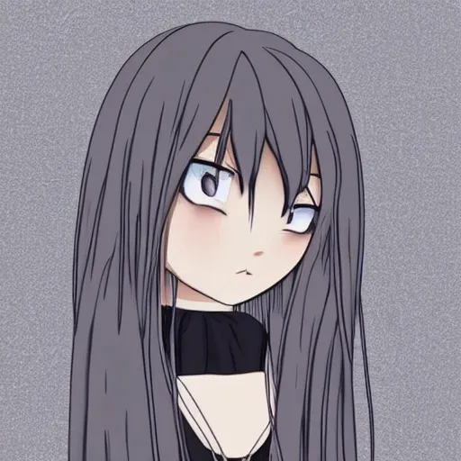 Image similar to young girl with long wavy light silver hair, with blackness instead of eyes, anime