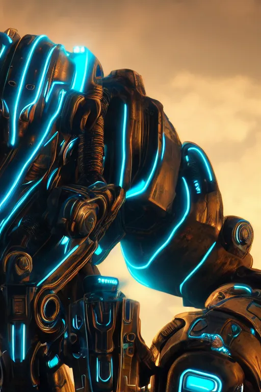 Prompt: highly detailed tron themed fallout 4 power armor, realistic cgi render, unreal engine,