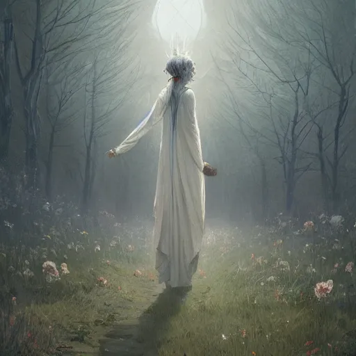 Image similar to The last spirit living in the cemetery, flowers, illustrated by Greg Rutkowski and Caspar David Friedrich. Trending on artstation, artstationHD