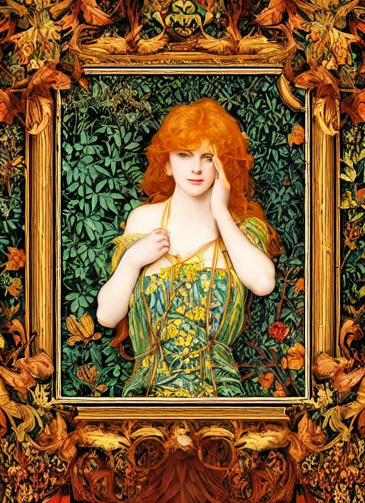 Image similar to masterpiece beautiful seductive flowing curves pose preraphaelite portrait photography, extreme closeup shot, straight bangs, thick set features, yellow ochre ornate medieval dress, amongst foliage mushroom forest arch, william morris and kilian eng and mucha, framed, 4 k