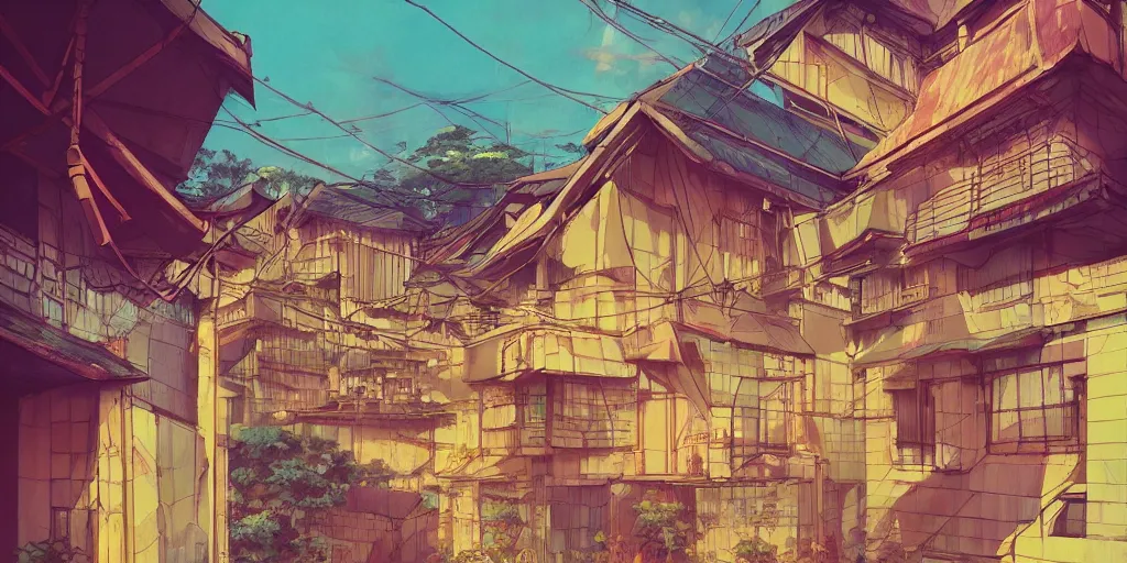 Prompt: vivid 80s anime indonesian architecture by hayao miyazaki, beautiful, gorgeous, dramatic lighting, rule of thirds, perfect composition, trending on ArtStation, 8k