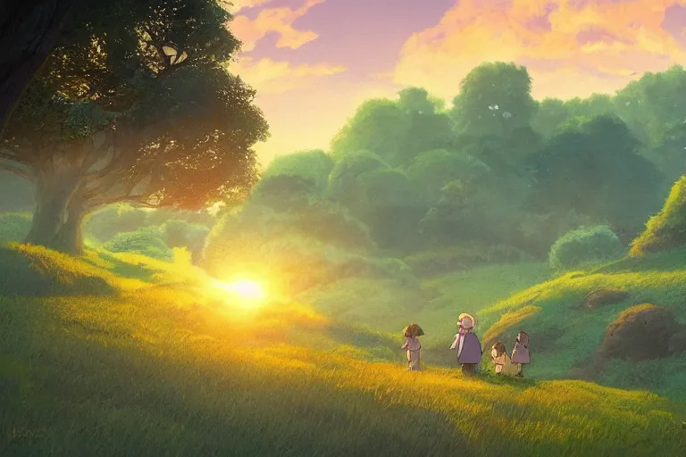 Prompt: the shire at sunset in the style of ghibli, 8 k, artstation, award wining, rutkowski, shinkai