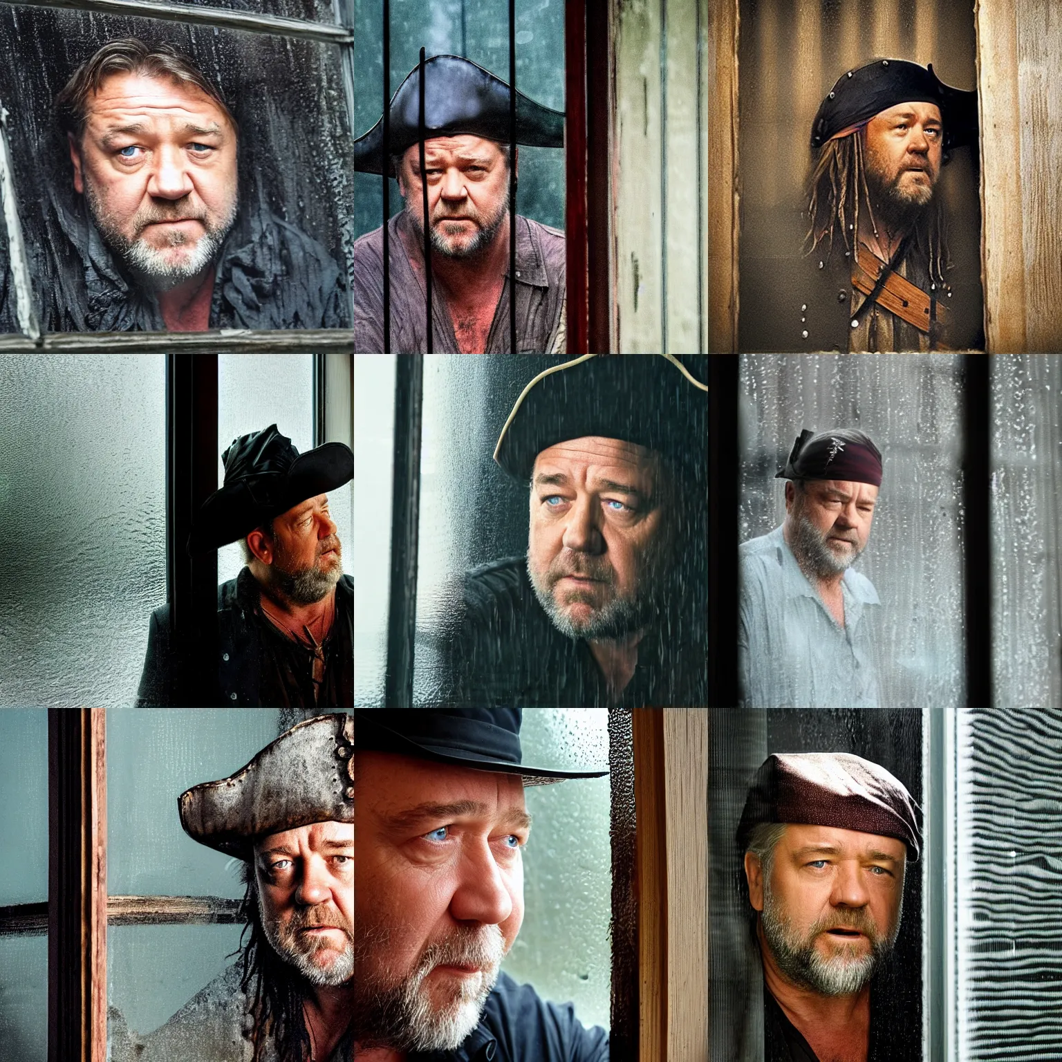 Image similar to obscured by small window, concerned russell crowe wearing a big pirate hat standing behind a rainy dirty window and wooden wall peering out towards the camera