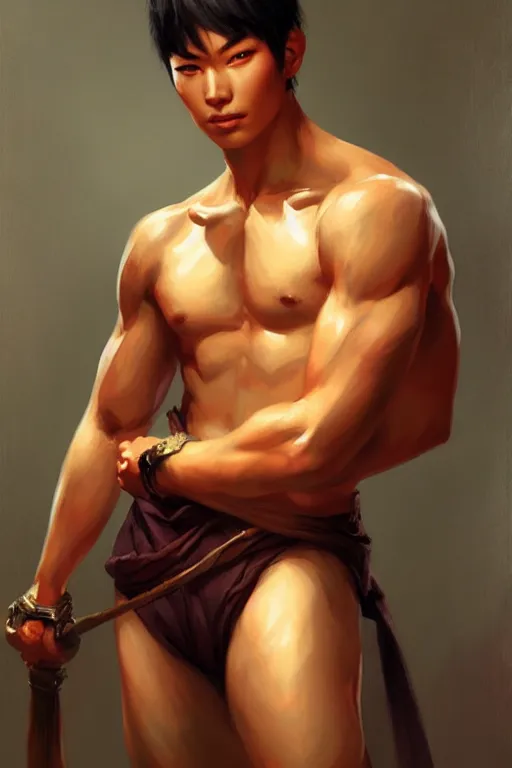 Image similar to young handsome asian male portrait dnd, muscle, painting by gaston bussiere, elena zhurikhina, goro fujita and charlie bowater