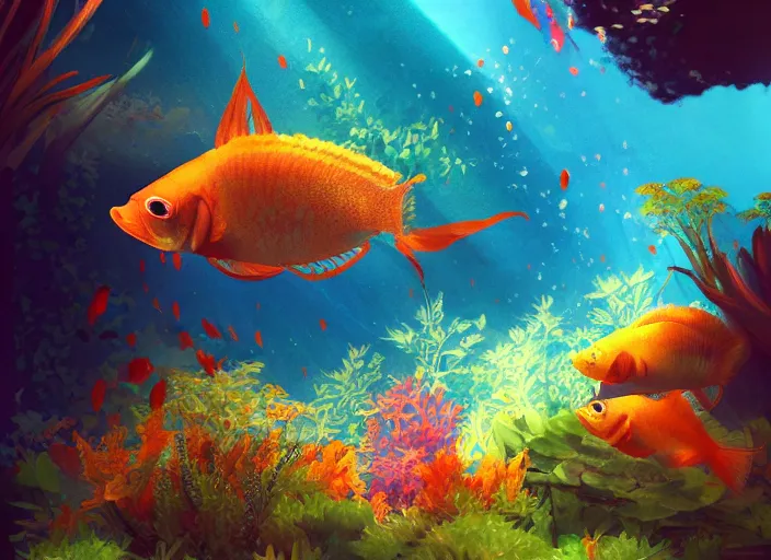 Prompt: painterly pleasing illustration, ember tetra planted aquarium, brush stroke stylization, placid morning rays, unreal, adorable planted cute cluttered aquarium with little fishies, dotted flitting impressions, lowcontrast, trending on pixiv,