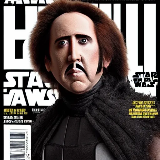 Prompt: Nicolas Cage in full costume and makeup as Darth Icky, new Star Wars villain, photo from Entertainment Weekly cover shoot