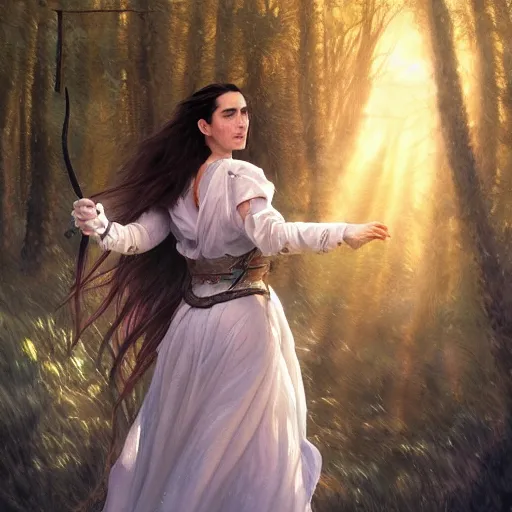 Prompt: A beautiful detailed painting of jennifer connelly as a female angel warrior, floating in a magical forest, ray traced sun light, by john sargent and Kalin Popov , Trending on artstation HD.