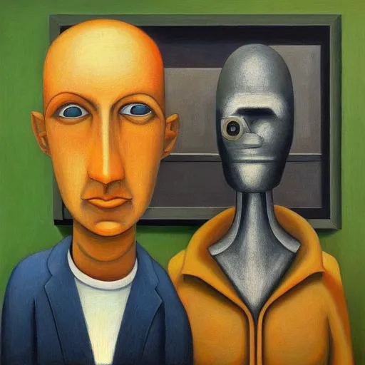 Prompt: super - intelligent robot with kind eyes portrait, pj crook, ( ( ( grant wood ) ) ), pj crook, ( ( ( edward hopper ) ) ), oil on canvas