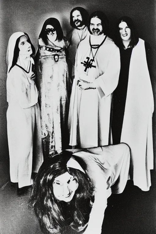 Image similar to 1970s, photo, a polaroid photo, art nouveau, dribble, Aphex Twin and a nun posing for a picture