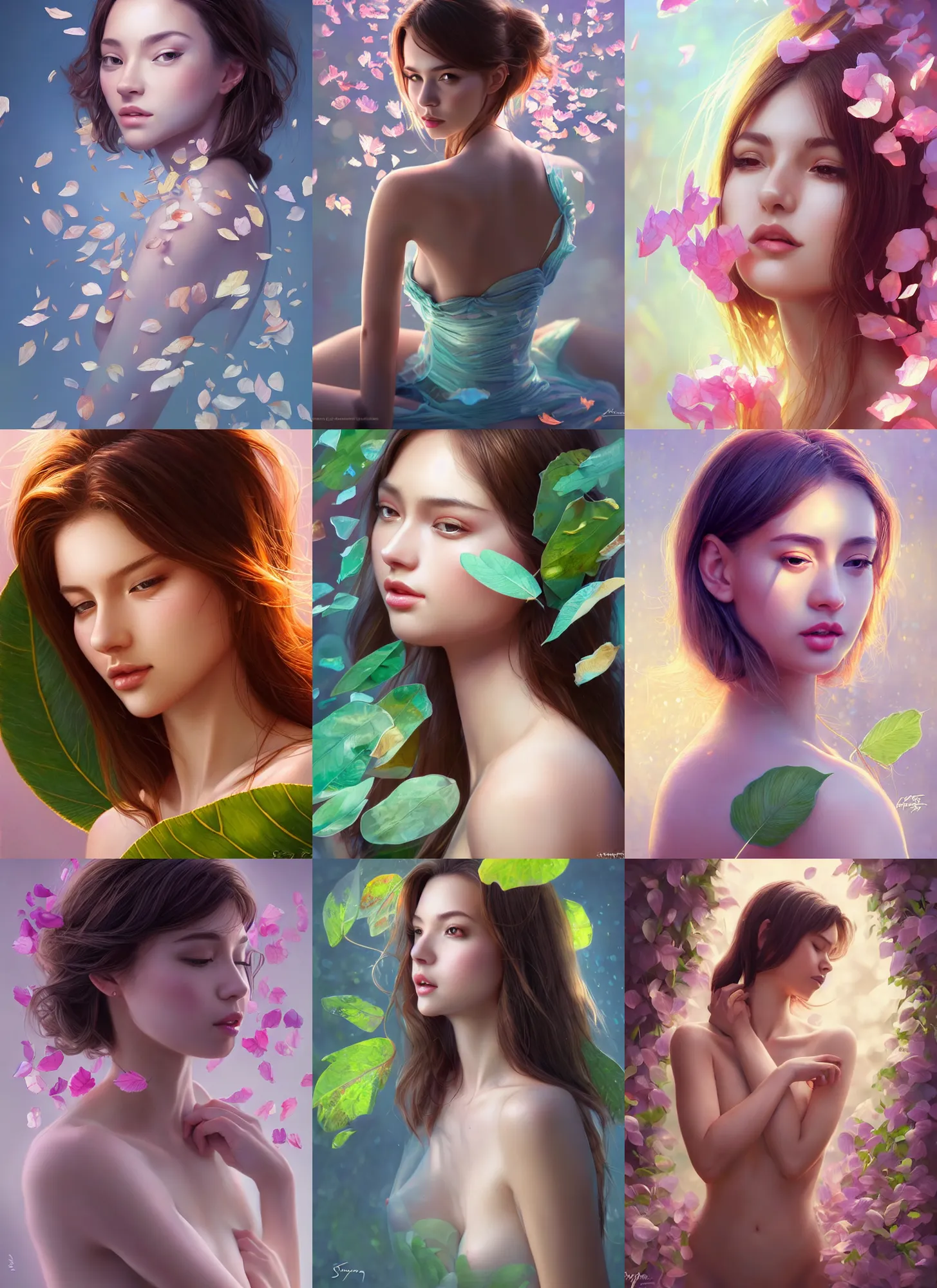 Prompt: gorgeous female covered in translucent leaf resting on the petals in the style of stefan kostic, cute - fine - face, dasha taran, backlit, refracted lighting, elegant, half body shot, 8 k, insanely detailed, intricate, art by stanley lau, artgerm, wlop, kuvshinov ilya,