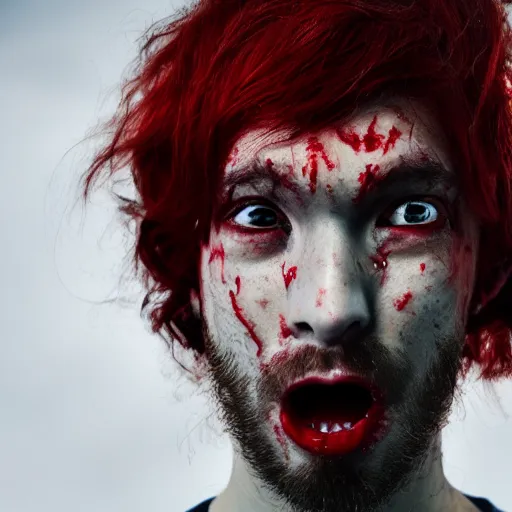 Image similar to Portrait of a crying man with tears of blood with red hair, 50 mm, hyper-realistic, 8K HDR.