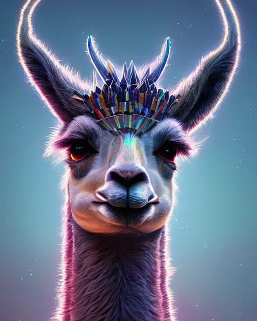 Image similar to highly detailed surreal vfx portrait of a metallic chromatic geometric tribal llama, behance, stephen bliss, unreal engine, greg rutkowski, loish, rhads, beeple, makoto shinkai and lois van baarle, ilya kuvshinov, rossdraws, tom bagshaw, alphonse mucha, global illumination, detailed and intricate environment