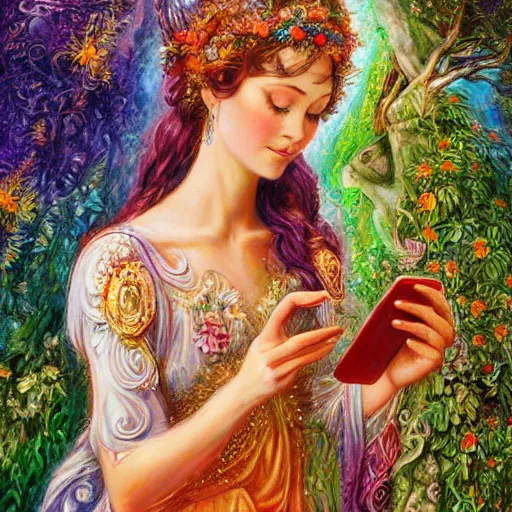 Image similar to a nature goddess checking her cell phone by senior concept artist josephine wall, acrylic on canvas, intricately detailed, high resolution trending on artstation