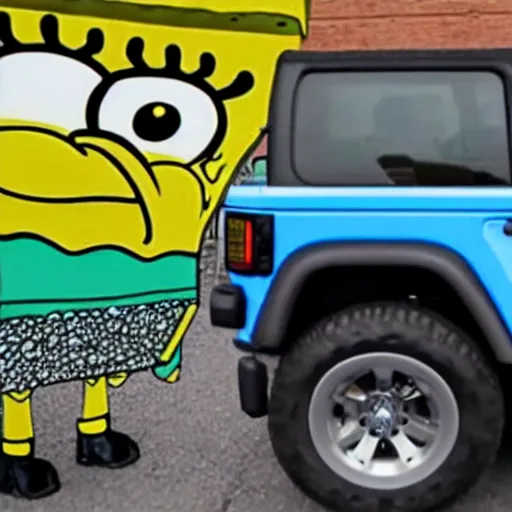 Image similar to cctv footage of spongebob stealing a jeep wrangler, high quality, high resolution