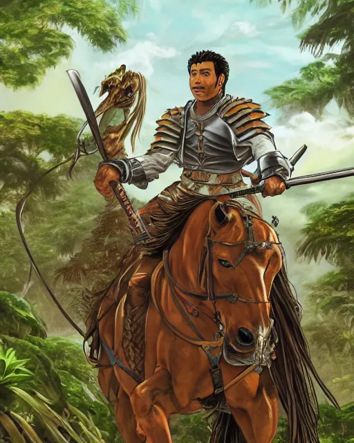 Image similar to ultrareallistic illustration of a spanish conquistador riding a horse in a dense jungle, art by clay mann and takeshi obata, studio ghibli color cheme, portrait, tarot card, sharp focus, unreal engine, detailed, realistic, face