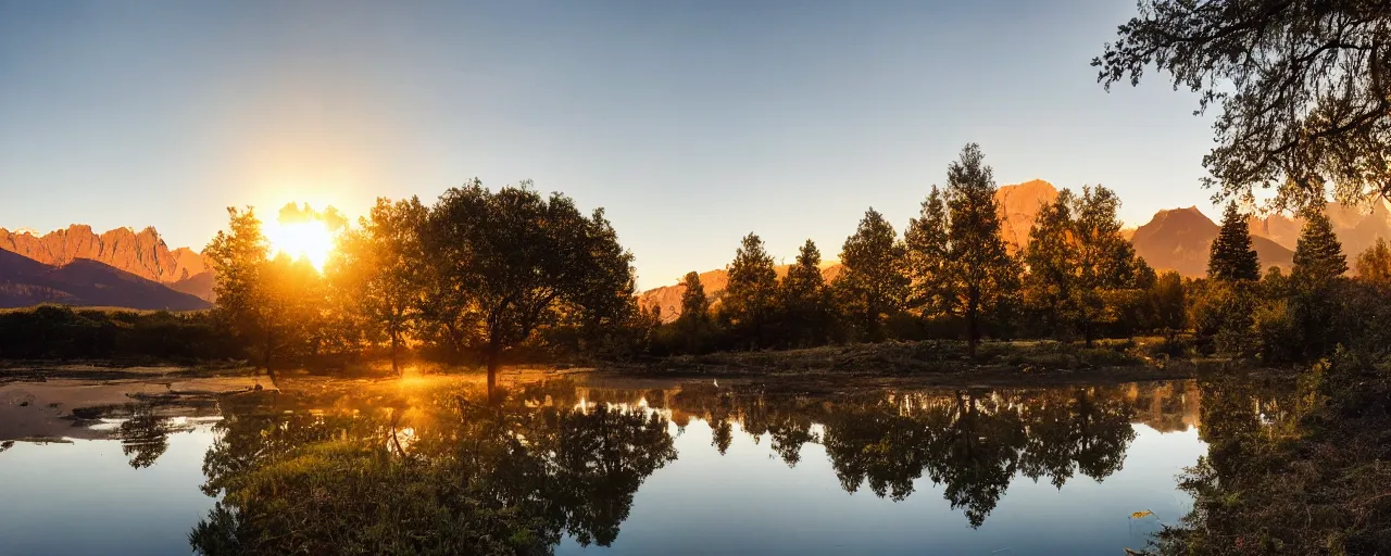 Image similar to big realistic tree near to a river on sunset with reflection on the leaves and mountains in the background, landscape, extremely high fidelity, 8 k, super resolution, cinematic view, super resolution, light rays, lens flare, epic, hyperdetailed