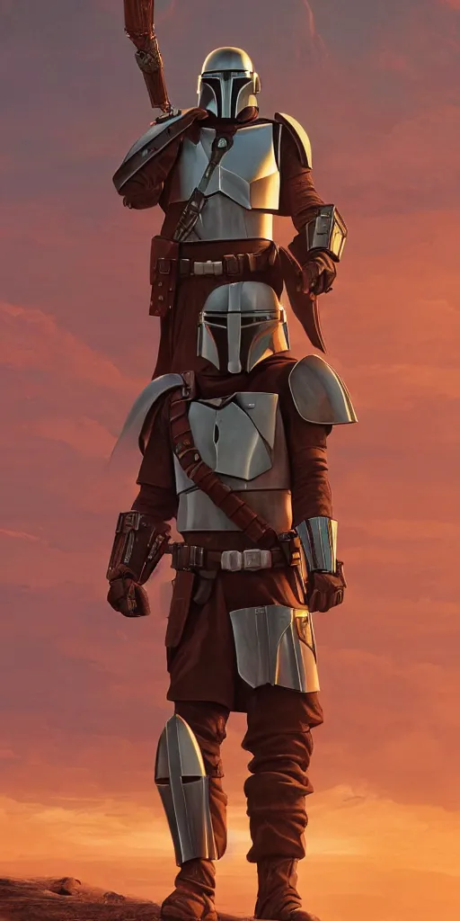 Prompt: a medieval fantasy mandalorian in the style of very very photorealistic digital art by envar studio, detailed and ornate armor, concept art, movie quality, ultra realistic, epic, stunning composition, desert sunrise in the background, unreal engine 5, nvidia, oil painting