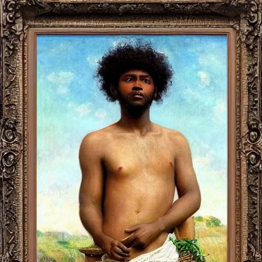 Image similar to east african man with curly hair, wide shot, full body, fedosenko roman, j. w. godward, jose miguel roman frances, intricate details, countryside, dreamy, impressionist, figurative
