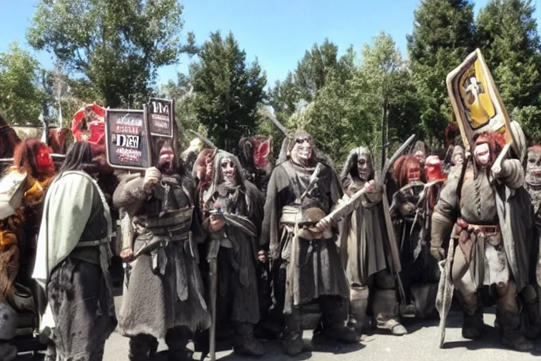 Image similar to cellphone photograph of lord of the rings uruk - hai and orcs protesting the working conditions at a mcdonalds parking lot in the daylight. dirty mcdonalds uniforms, aprons. picket signs and battleaxes in hand