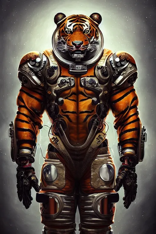 Prompt: a portrait of a muscular anthropomorphic cyberpunk tiger in spacesuit armor with ensignia on chest plate by sandra chevrier, by jon foster, detailed render, post - processing, extremely hyperdetailed, intricate, epic composition, cybernetics, 4 k realistic, cryengine, realistic shaded lighting, sharp focus, masterpiece, by enki bilal