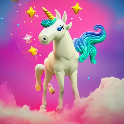 Image similar to a unicorn with sprinkles coming out of its mouth, octane render, lisa frank style