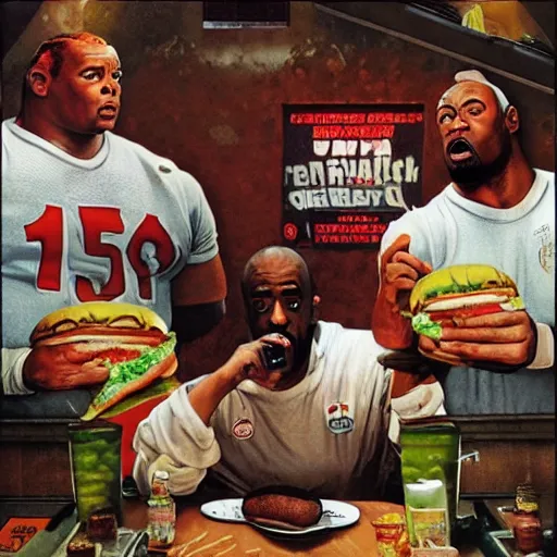 Prompt: donovan mcnabb eating a massive big mac hamburger, extra pickles and onions, ultra detailed, style of norman rockwell, style of richard corben, 4 k, rule of thirds.