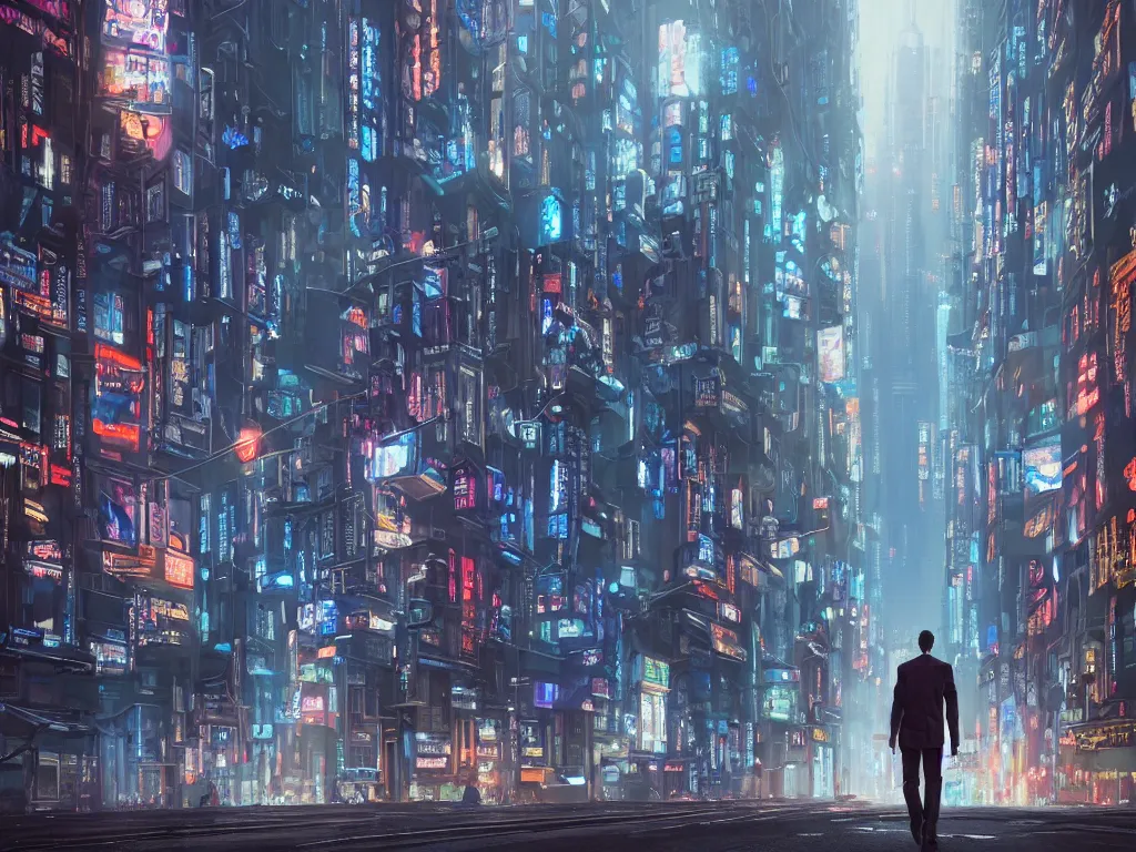 Prompt: hyperrealistic and beautiful painting of a man standing on a crowded city street, lofty buildings, classical architecture, technological lights, screens, cyberpunk style, 8 k resolution, by hugh ferris and john smith, polished, fine detail, intricate, blue color scheme, cyberpunk style, smooth, octane, concept art, trending on artstation