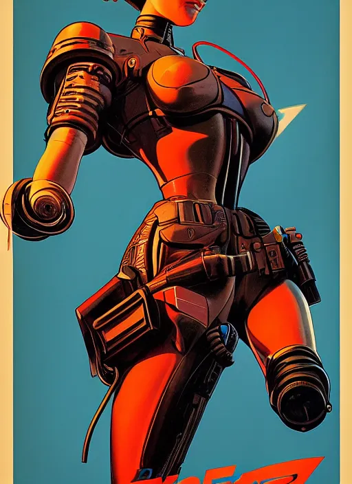 Prompt: american propaganda poster. cyberpunk pilot. portrait by jean giraud and anton otto fischer and john philip falter and will eisner and gil elvgren and pixar. full body. realistic proportions. science fiction d & d. overwatch, rb 6 s, cyberpunk 2 0 7 7, blade runner 2 0 4 9. cel shading. thick lines.