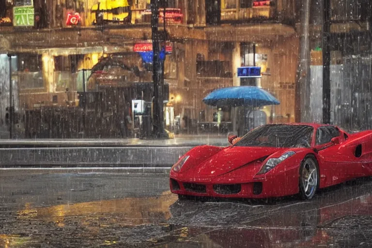 Image similar to a ferrari enzo parked on a rainy city street, reflected in a puddle, neon lights, night time, beautiful lighting