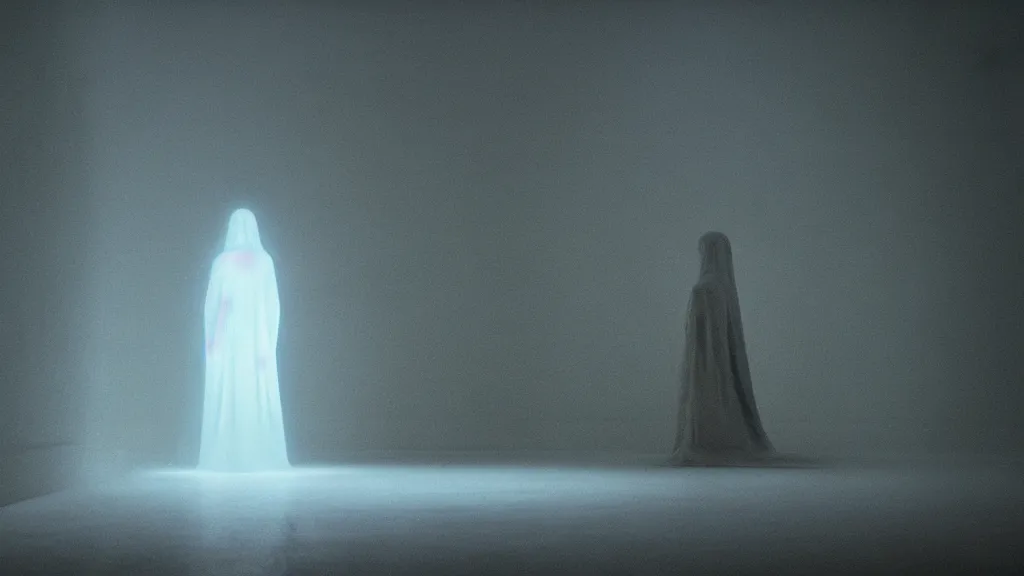 Prompt: an iridescent ghost stands alone in the bathroom, film still from the movie directed by Denis Villeneuve with art direction by Zdzisław Beksiński, wide lens