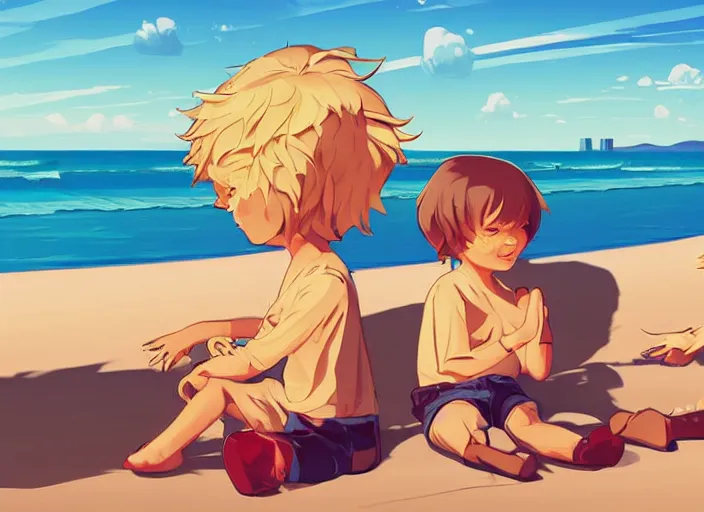 Prompt: two little boys with tousled blonde hair sitting on a beach. clean cel shaded vector art. shutterstock. behance hd by lois van baarle, artgerm, helen huang, by makoto shinkai and ilya kuvshinov, rossdraws, illustration, art by ilya kuvshinov