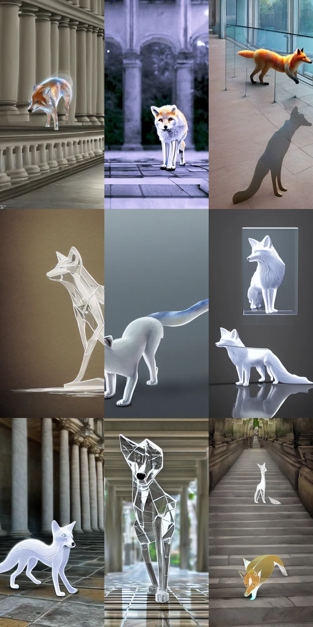 Prompt: fantasy art of a gorgeous clear transparent glass fox walking along a colonnade, photorealistic, refraction, award winning