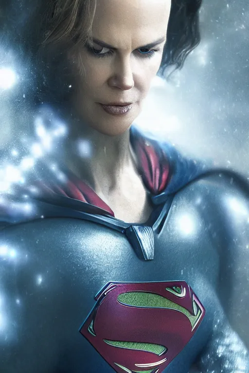 Image similar to a fancy close up of Man of Steel cast as Nicole Kidman by Greg Rutkowski, Sung Choi, Mitchell Mohrhauser, Maciej Kuciara, Johnson Ting, Maxim Verehin, Peter Konig, 8k photorealistic, cinematic lighting, HD, high details, dramatic, trending on artstation, full body armour