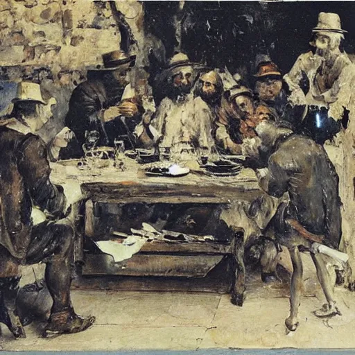 Prompt: a beautiful sculpture of a group of people gathered around a table in a tavern. they are all eating and drinking, and appear to be enjoying themselves. buff by arthur streeton playful, incredible