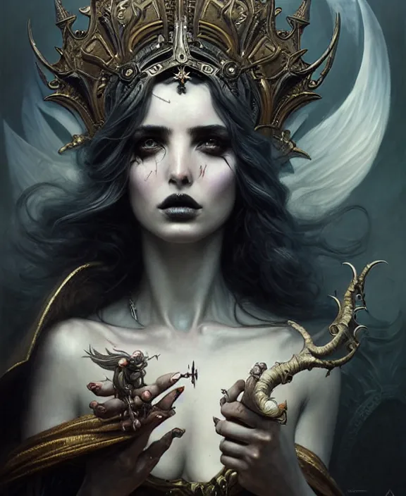 Image similar to beautiful fantasy character portrait, ana de armas as the goddess of death, ultra realistic, wide angle, intricate details, black smoke, dramatic lighting, highly detailed by peter mohrbacher, magali villeneuve, wayne barlowe, boris vallejo, greg rutkowski, dishonored 2, ritualistic tattoos