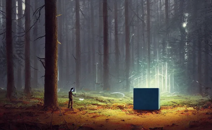 Image similar to a giant metallic cube on the ground in the forest, realistic sci-fi painting by simon stålenhag, digital art, trending on artstation