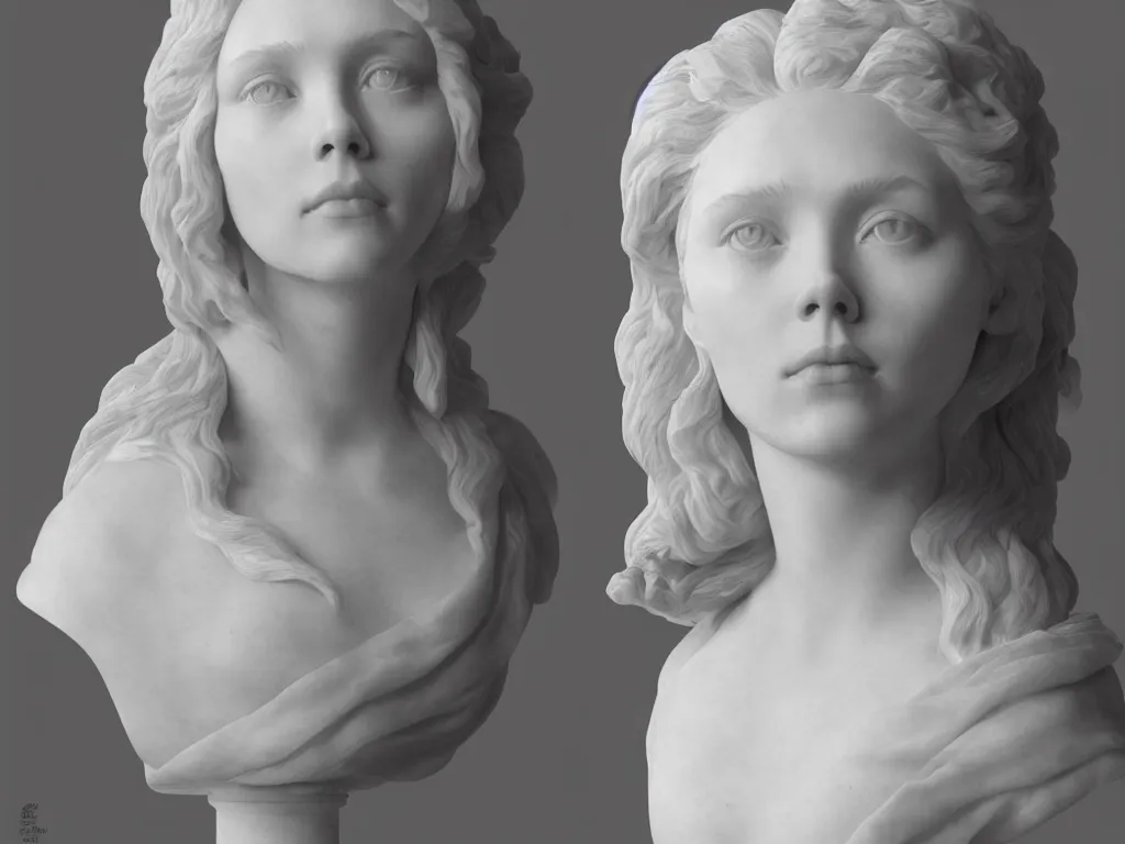 Prompt: a marble bust of actress Elizabeth Olsen, made of Carrara marble, in white marble, detailed, intricate, CGI, cgsociety, trending on artstation, photograph, single subject, by Gian Lorenzo Bernini