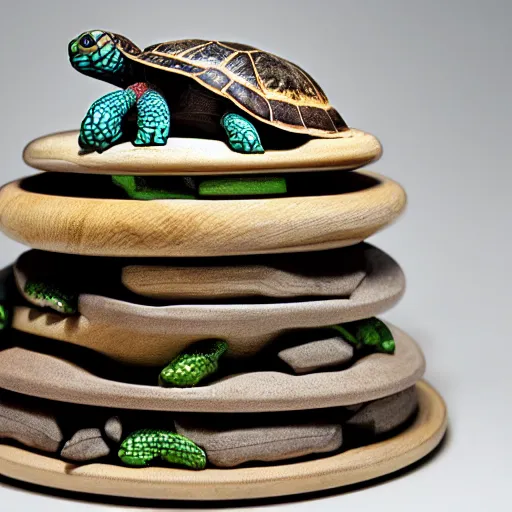 Prompt: a stack of turtles, turtles stacked beneath a round disc with a map of earth, side view