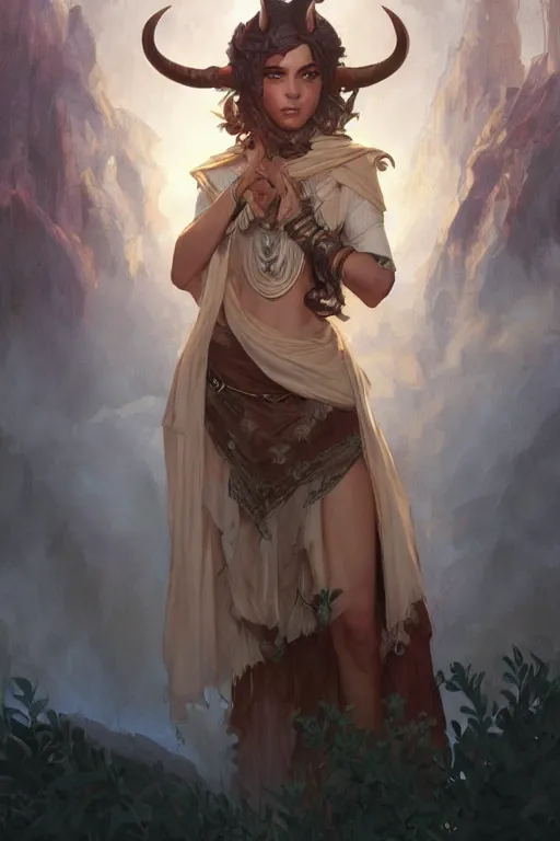 Image similar to cute Whimsical Tiefling Druid with cute horns , light-brown skin, D&D, fantasy, portrait, highly detailed, digital painting, artstation, concept art, sharp focus, illustration, art by greg rutkowski and alphonse mucha