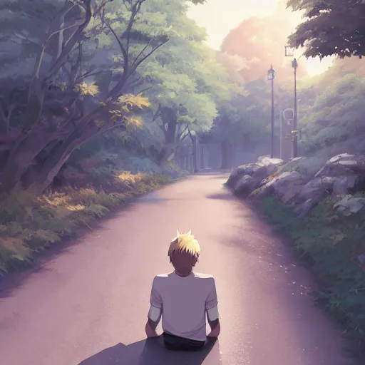 Image similar to young man with short, ash blond greyish hair, light brown eyes, casual clothes, relaxing, happy, path traced, highly detailed, high quality, digital painting, by studio ghibli and sylvain sarrailh, beautiful details
