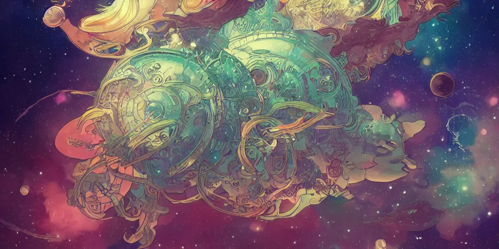 Prompt: !dream highly detailed digital of aquatic animals swimming in space, colorful nebulas , planets in the background, highly detailed, intricate design, cinematic view, 8k resolution, artstation, by Akihiko Yoshida, Alphonse Mucha, Moebius, Krenz Cushart