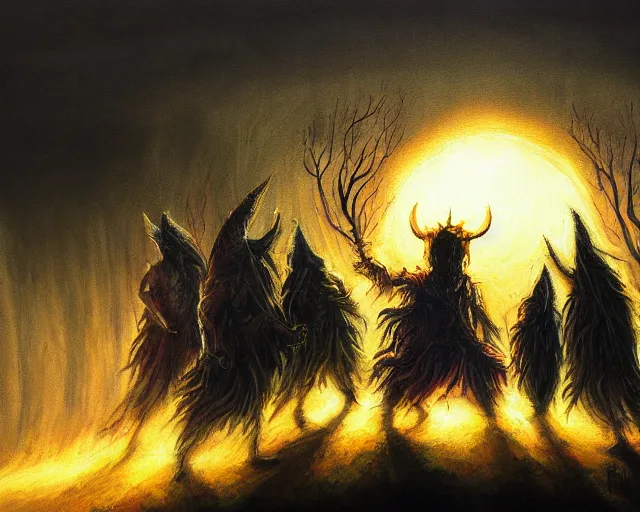 Image similar to A painting of a summoning ritual by Anato Finnstark, creepy, demons, satanic