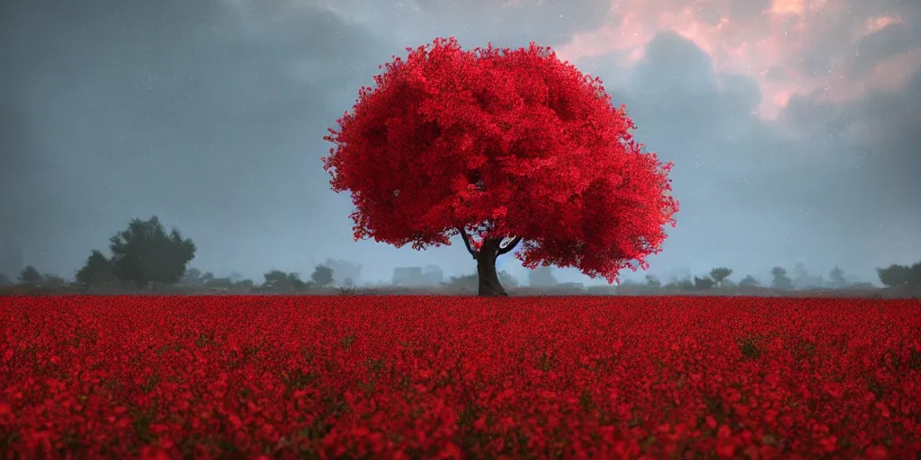 Image similar to a big red tree in the middle of a battlefield near a bunch of red flowers at sunrise, hyperrealistic, concept art, octane render, unreal engine 5, trending on Artstation, high quality, 8K, dramatic lighting, cinematic, high coherence, highly detailed, Midjourney style, epic scene, path traced, low contrast, complementary colors