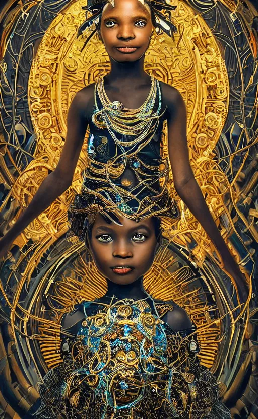 Image similar to beautiful mural of the young cyborg african girl, piercing glowing eyes, elegant, futuristic royal gown, detailed ornaments, striking composition, highly detailed ornate sci fi background, vogue poses, striking composition, highly detailed ornate sci fi background, vivid details, amalgamation of nature and technology, wires, glowing tubes, beautiful composition, mural in the style of sandro botticelli, caravaggio, albrecth durer, 8k